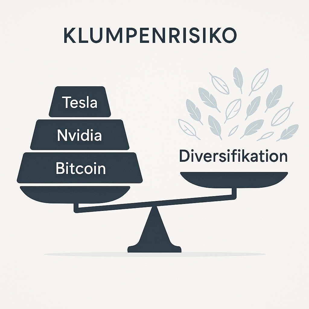 Klumpenrisiko im Depot visualisiert durch eine unausgeglichene Waage mit Tesla-, Nvidia- und Bitcoin-Gewichtung gegenüber Diversifikation.