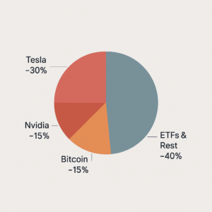 Minimalistisches Tortendiagramm zur Depotaufteilung mit 60 Prozent Klumpenrisiko in Tesla, Nvidia und Bitcoin sowie 40 Prozent ETFs und Rest.