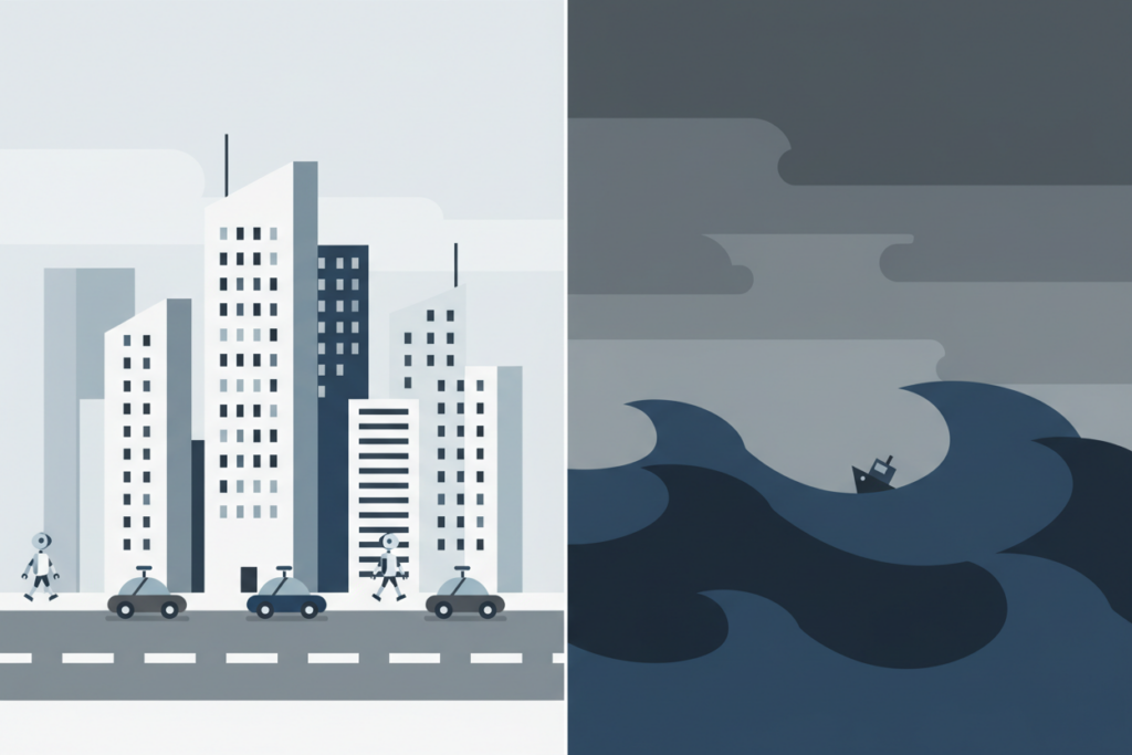 Tesla-Aktie zwischen Zukunftsvision und extremer Volatilität, dargestellt als geteilte Grafik mit futuristischer Stadt links und stürmischem Meer mit kleinem Boot rechts.