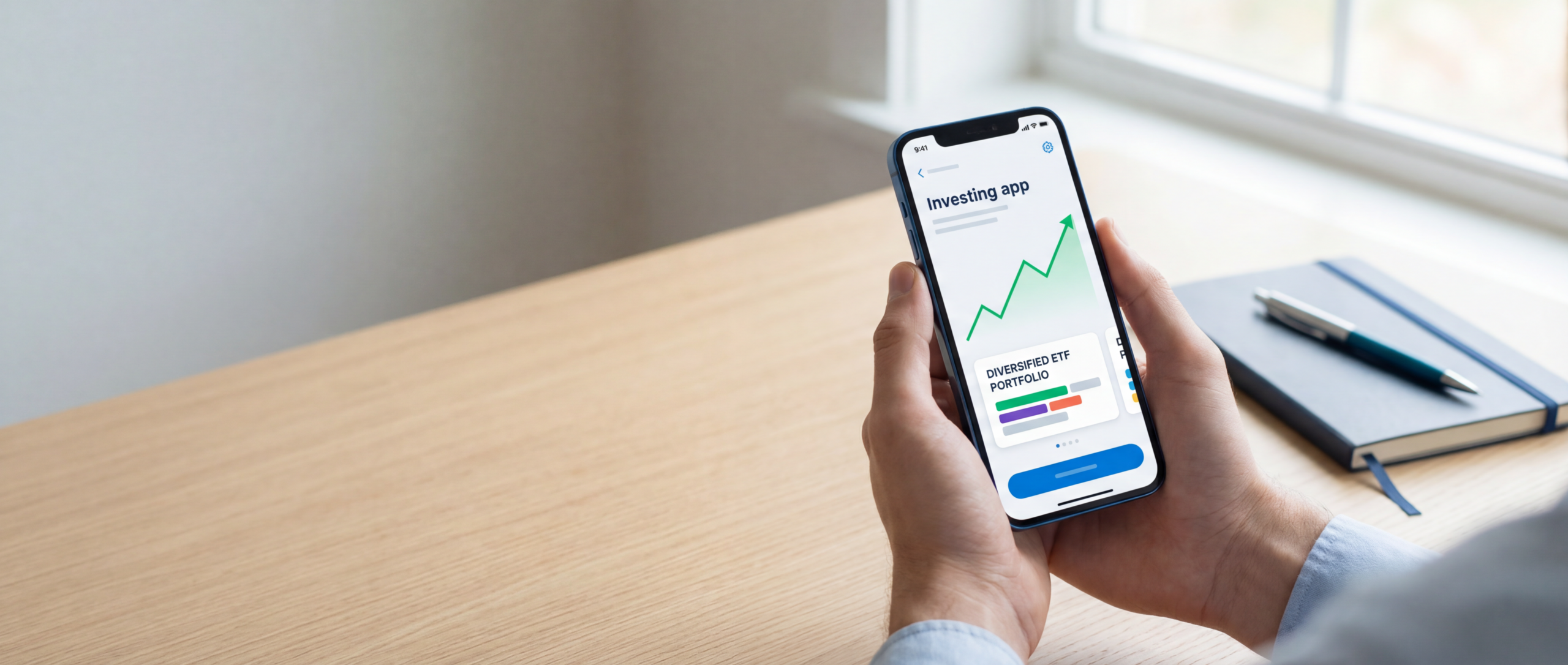 Ein Smartphone in einer Hand zeigt eine moderne Investment-App mit einem ansteigenden Kurs-Chart auf einem hellen Schreibtisch – Einstieg in das Thema ETFs für Anfänger.