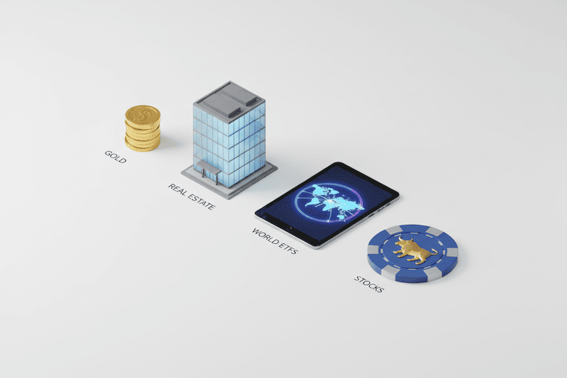 Visualisierung der 30-30-30-10 Asset Allocation: Goldmünzen, Immobilien, Welt-ETFs und Aktien als diversifizierte Portfolio-Strategie.