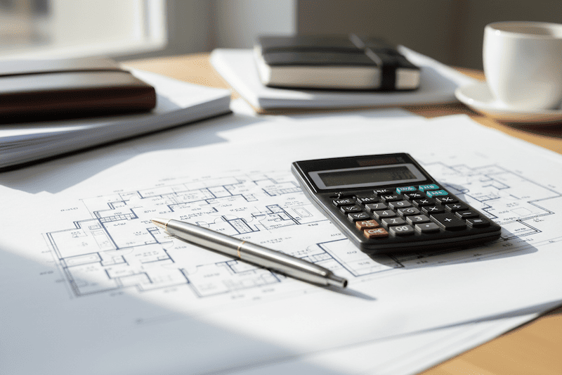 mmobilien als Kapitalanlage kalkulieren: Bauplan eines Mehrfamilienhauses mit Taschenrechner zur Berechnung von Cashflow und Rendite.