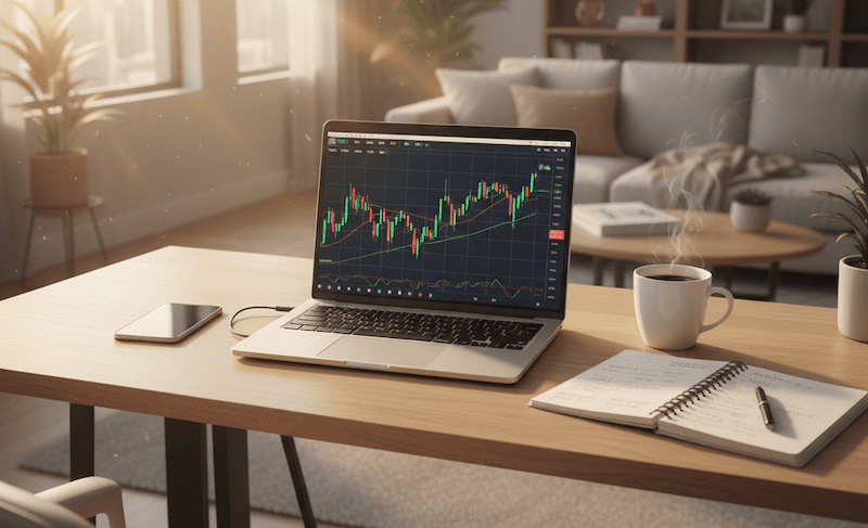 Laptop mit Trading-Charts und Kaffeetasse auf einem Schreibtisch im Homeoffice, symbolisiert Trading nebenberuflich vor der Arbeit.