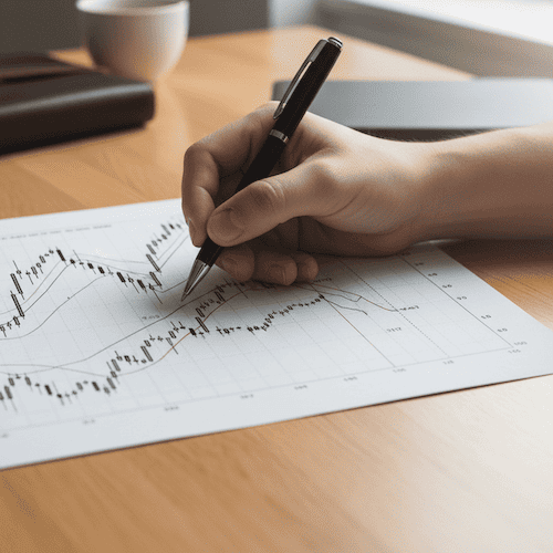 Nahaufnahme einer Hand, die mit einem Stift eine technische Chartanalyse auf einem ausgedruckten Börsen-Chart durchführt; Symbolbild für fundierte Trading-Strategien.