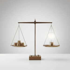 Eine Waage im Gleichgewicht, auf der einen Seite Goldmünzen, auf der anderen eine leuchtende Glühbirne; symbolisiert die Wichtigkeit von Mindset und Psychologie für den finanziellen Erfolg.