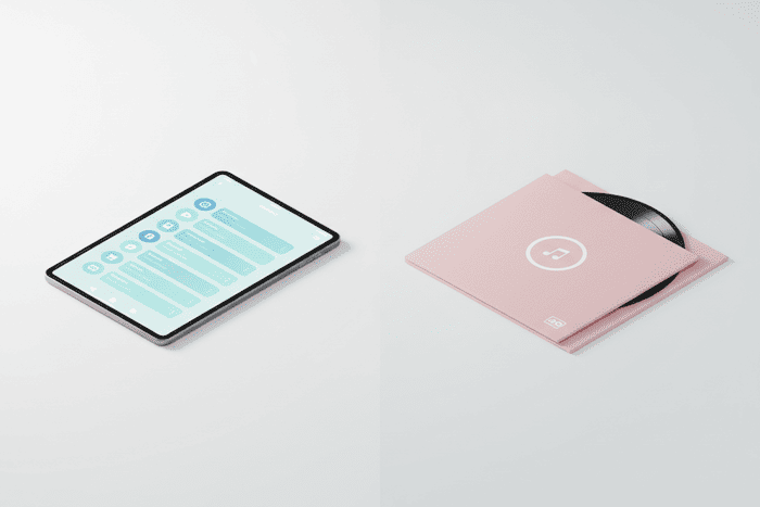 Vergleichsgrafik: Ein Tablet mit Playlist (symbolisiert den Index) neben einer Schallplatte (symbolisiert den kaufbaren ETF