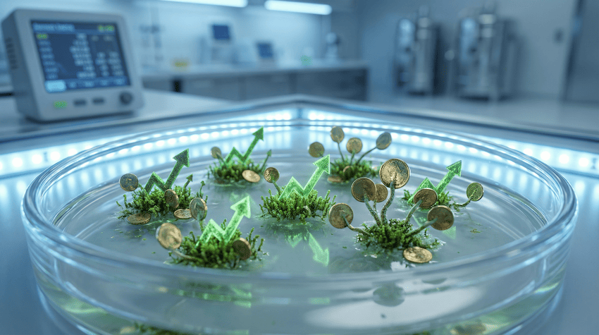 Eine Petrischale im Labor, in der statt Bakterien kleine leuchtende Goldmünzen und Wachstumskurven gedeihen, symbolisiert das Nährmedium der Wirtschaft.