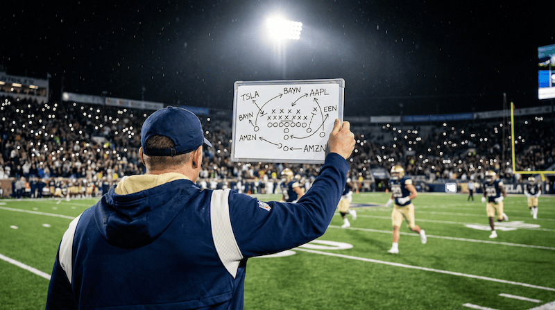 Ein Fußballtrainer steht an der Seitenlinie und hält eine Taktiktafel, auf der statt Spielernamen Aktienkürzel und rote/grüne Pfeile eingezeichnet sind.