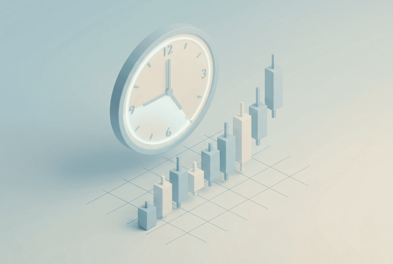 Minimalistische Illustration einer Uhr über einem Aktienchart, die den optimalen Handelszeitraum zwischen 09:00 und 17:30 Uhr hervorhebt.