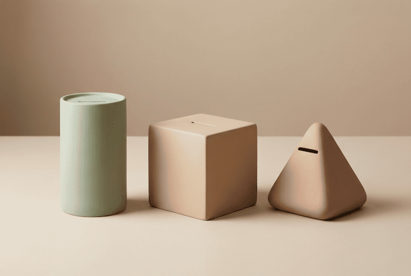 Drei minimalistische Gefäße in Pastellfarben, die die Aufteilung des Vermögens in Cash, Langfrist-Depot und spekulativen Teil darstellen.