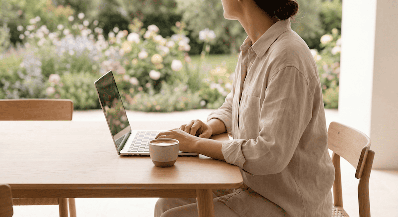 Ein entspannte Investorin sitzt mit einem Laptop auf einer hellen Terrasse und genießt den Ausblick, symbolisiert passives Einkommen durch die Zahltagstrategie.