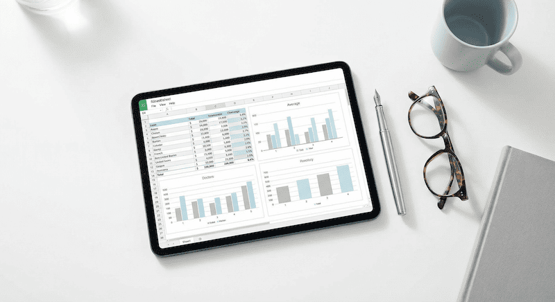 Ein aufgeräumter Arbeitsplatz mit einem Tablet, das eine saubere Liste von Dividenden-Champions zeigt, symbolisiert Ordnung im Aktiendepot.