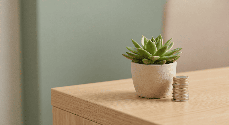 Eine ästhetische Nahaufnahme von gestapelten Münzen neben einer grünen Pflanze auf einem hellen Holztisch, steht für das Wachstum von Sachwerten.