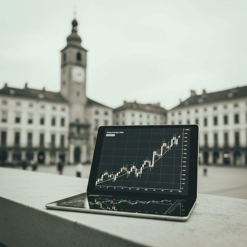 Kontrast zwischen traditioneller europäischer Architektur und moderner globaler Industrie-Vernetzung.