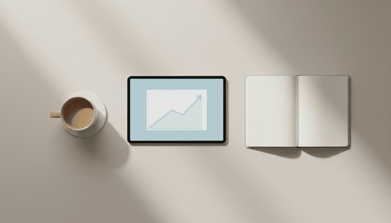 Aufgeräumter Schreibtisch mit Tablet und Bitcoin-Chart in sanften Pastelltönen symbolisiert entspannte Anlagestrategie.