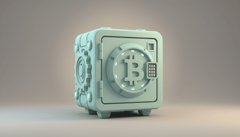 Stilisierter Tresor in Pastell-Mint mit Bitcoin-Logo steht für sichere Verwahrung und Hardware Wallets.