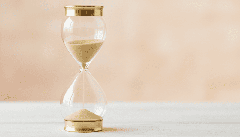 Helle Sanduhr mit goldenem Sand vor pastellfarbenem Hintergrund visualisiert Geduld beim Bitcoin-Sparplan.