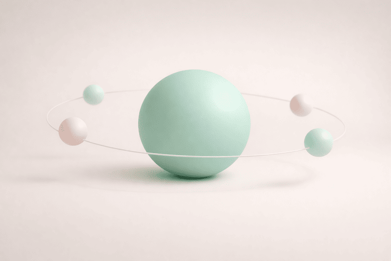 Core-Satellite-Strategie als ruhige Pastell-Illustration: großer Kern und kleine Satelliten für ein ETF-Portfolio