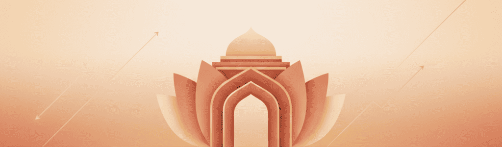 Indien als Wachstums-Satellit: ruhige Pastell-Illustration für Schwellenländer-Allokation im ETF-Portfolio