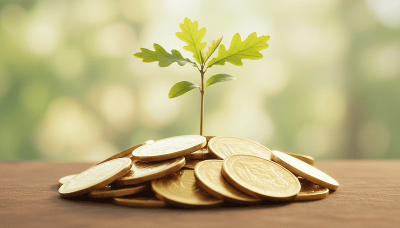 Ein kleiner Baum wächst aus einem geordneten Stapel Goldmünzen und steht für langfristiges Investieren, Geduld und Zinseszinseffekt.