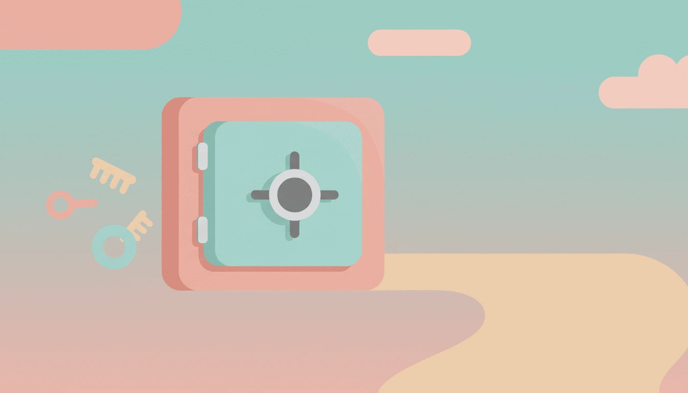 Ruhige Pastell-Grafik zu sicherer Krypto-Verwahrung mit Tresor und Schlüsselsymbolen