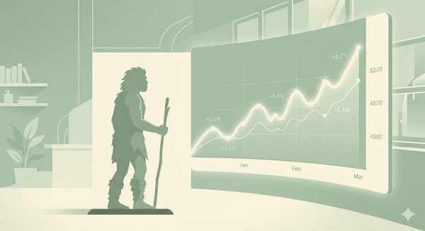 Illustration zur Börsenpsychologie: Ein Höhlenmensch betrachtet ein modernes Kursdiagramm in Pastelltönen.