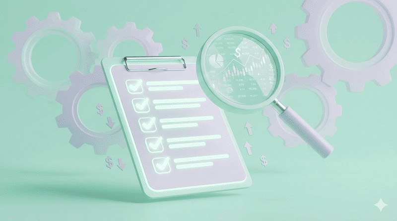 Symbolbild des Aktien-TÜVs: Eine Checkliste mit Lupe und Zahnrädern, die das systematische Punktesystem der Levermann Strategie darstellt.